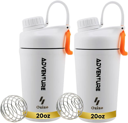 Ozizo 2 Pack Stainless Steel Insulated Protein Shaker Bottle, 20oz Leak Proof Shaker Cup with Wire Whisk Ball for Protein Mixes, Hot & Cold Drinks, Gym & Fitness (Blue + Blue)