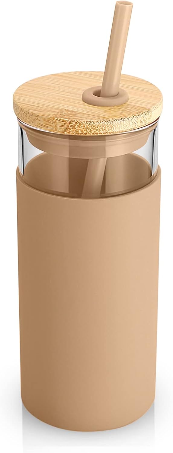 Tronco 20 oz Glass Tumbler with Lid and Straw, Iced Coffee Cup and Smoothie Cup with Bamboo Lids & Protective Silicone Sleeve, Dishwasher Safe, BPA-Free, Glass Cup 1 Pack - Colors B