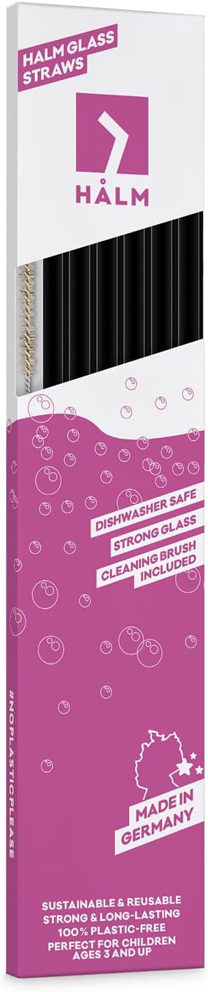 Halm Glass Straws - 6 Long 12 inch Bent Stanley Cup Replacement Drinking Straws + Plastic-Free Cleaning Brush - Perfect for Bottles & Quencher - Made in Germany - Dishwasher Safe - Eco-Friendly