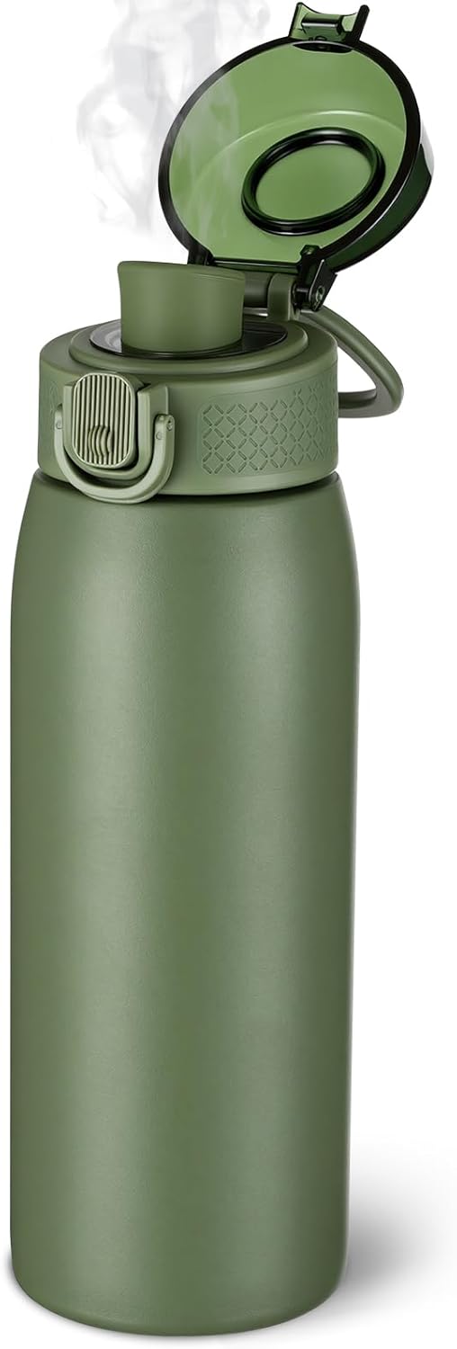 Insulated Water Bottle 24 oz with Dustproof Lid, Carry Handle & Tea Infuser, BPA-Free & Leakproof, Stainless Steel Water Bottles Ideal for Fitness, Hiking, Office & Outdoor Use (Black)