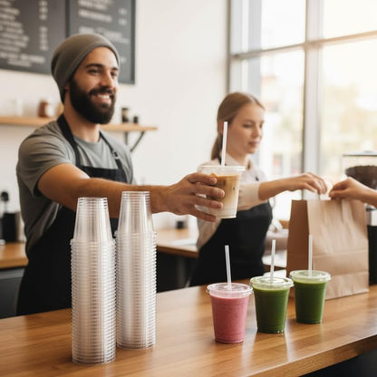 25 Pack 16 oz Clear Plastic Cups with Lids and Straws, Leak-Proof Disposable Iced Coffee Cups, BPA-Free PET Cold Drink Tumblers for Smoothie, Tea and Juice, Crystal Clear To Go Cups