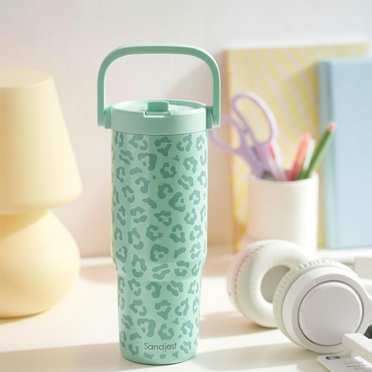 SANDJEST Leopard Skin Stainless Steel Straw Lid Tumbler 30oz with Carry Handle for Women Girls, Insulated Travel Coffee Cup, Gift for Sports Outdoor Workout Christmas Birthday (Beige)