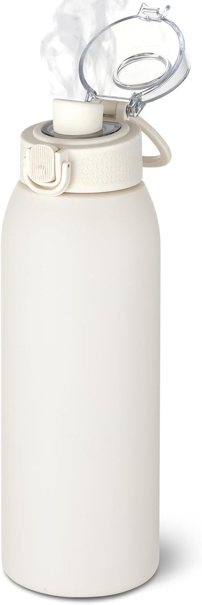 Insulated Water Bottle 24 oz with Dustproof Lid, Carry Handle & Tea Infuser, BPA-Free & Leakproof, Stainless Steel Water Bottles Ideal for Fitness, Hiking, Office & Outdoor Use (Black)
