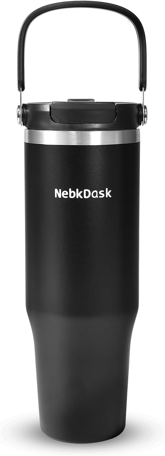 40 oz Insulated Stainless Steel Bottle with 2-in-1 Straw and Spout Lid, Water Bottle with Carry Handle Keep Cold 24H, Leak-Proof, Fits in Car Cup Holder, Travel, and School（off-White）
