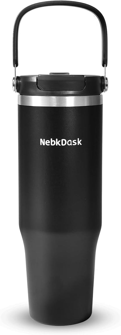 40 oz Insulated Stainless Steel Bottle with 2-in-1 Straw and Spout Lid, Water Bottle with Carry Handle Keep Cold 24H, Leak-Proof, Fits in Car Cup Holder, Travel, and School（off-White）