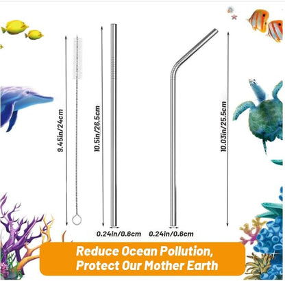 VEHHE Metal Straws Stainless Steel Straws Drinking Straws Reusable - 10.5" Ultra Long 4 + 1 - W/Cleaning Brush for 20/30 Oz for Yeti RTIC SIC Ozark Trail Tumblers (2 Straight|2 Bent|1 Brush)