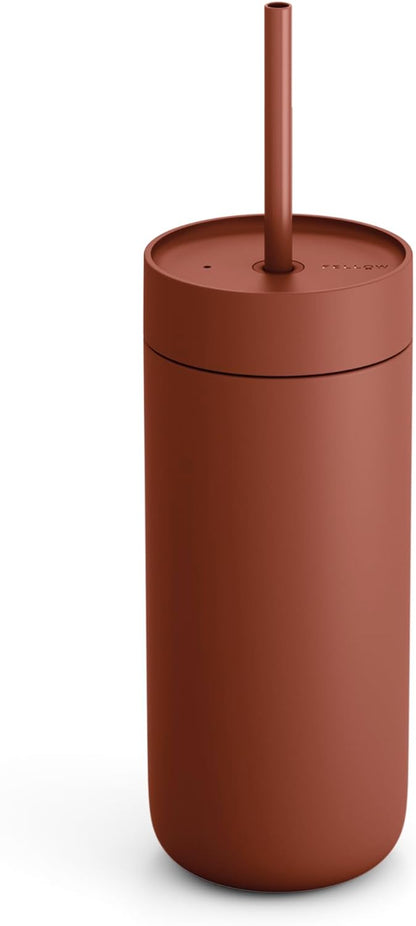 Fellow 16 oz Carter Cold Travel Mug for Water, Iced Tea, Coffee, Smoothies, Iced Coffee & more - Stainless Steel Vacuum-Insulated Iced Coffee tumbler with Spill Resistant lid and straw - Sienna