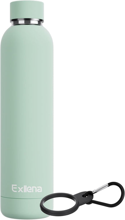 Exllena Slim Insulated Water Bottles for Travel 18oz with Clip, Double Wall Vacuum Stainless Steel Water Bottle Keeps Drinks Cold 24 Hrs/Hot 12 Hrs, 100% Leakproof, BPA Free(Black)