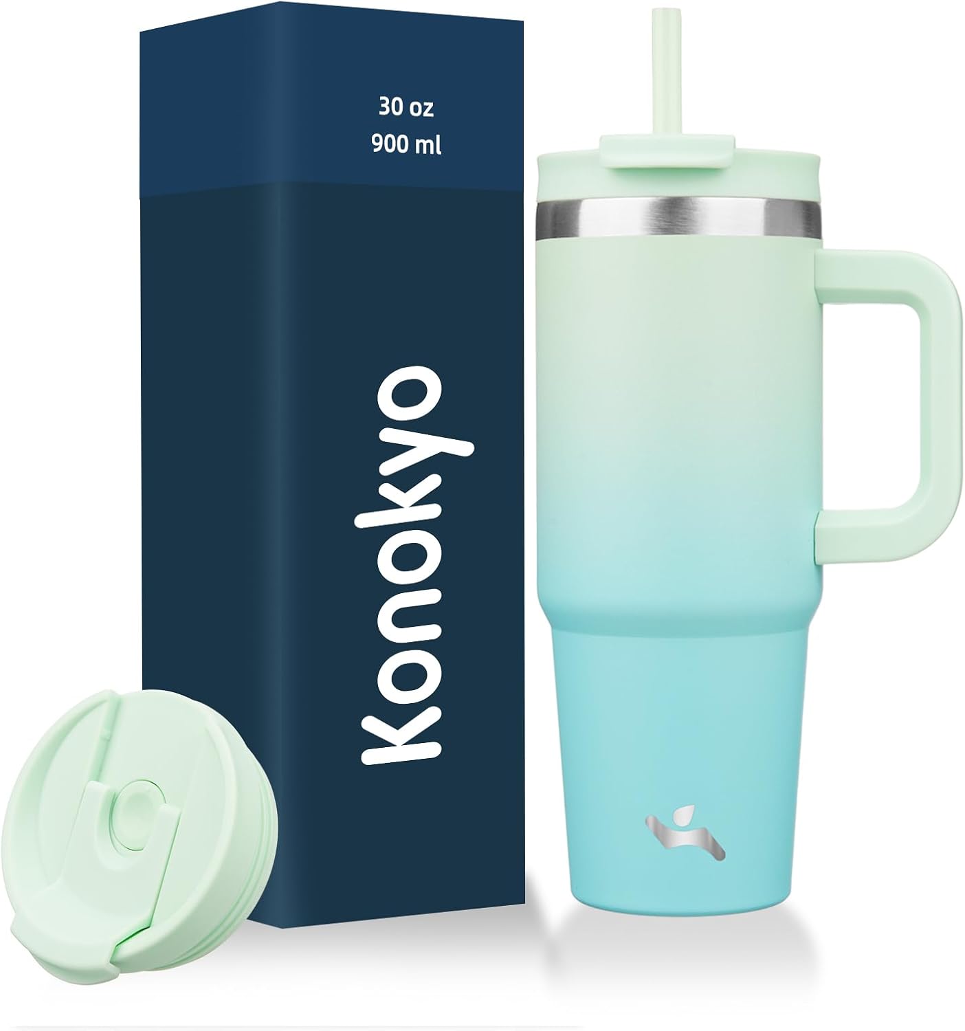 Konokyo 30 oz Tumbler with Handle and 2 Straws,2 in 1 Lid Insulated Water Bottle Stainless Steel Travel Coffee Mug,Sky