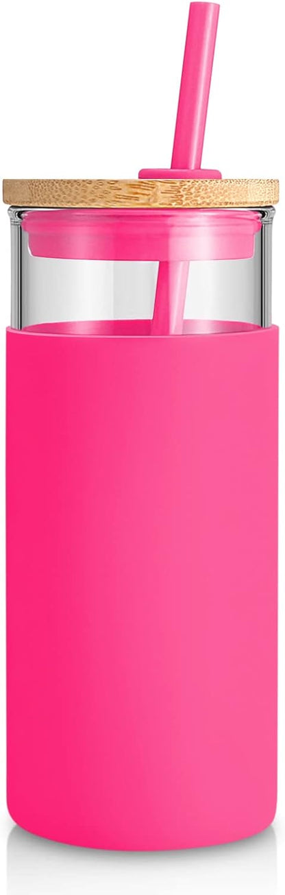 Tronco 20 oz Glass Tumbler with Lid and Straw, Iced Coffee Cup and Smoothie Cup with Bamboo Lids & Protective Silicone Sleeve, Dishwasher Safe, BPA-Free, Glass Cup 1 Pack - Colors A