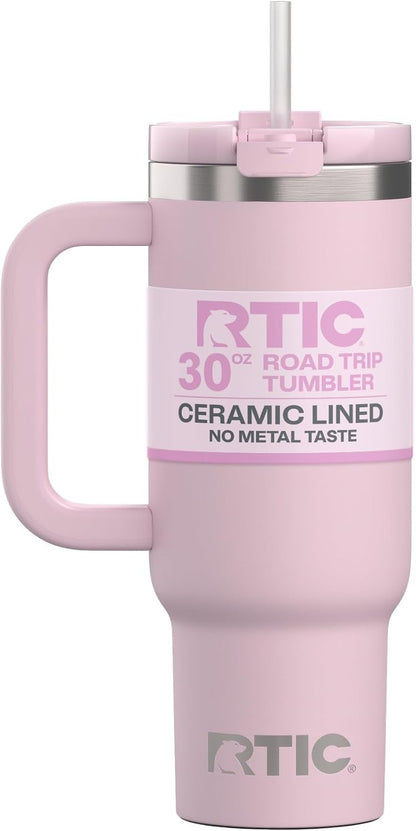 RTIC 30 oz Road Trip Tumbler Double-Walled Ceramic Lined InsulatedStainless Steel Portable Travel Coffee Mug Cup with Lid, Handle and Straw, Periwinkle Bouquet