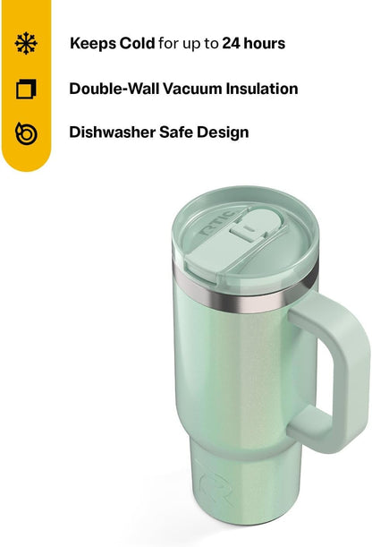 RTIC Little Road Trip Tumbler 16oz for Kids with Straw Lid and Handle, Ceramic Lined, Insulated Stainless Steel Travel Water Mug Cup, Leak-Proof, RTIC Ice Glitter