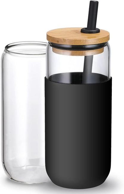 20oz Glass Water Tumbler with Silicone Protective Sleeve - Beer Shaped Glass Cups with Straw and Bamboo Lid, Iced Coffee Glasses, Cute Drinking Glasses for Water, Smoothie, Gift - Cambridge Blue