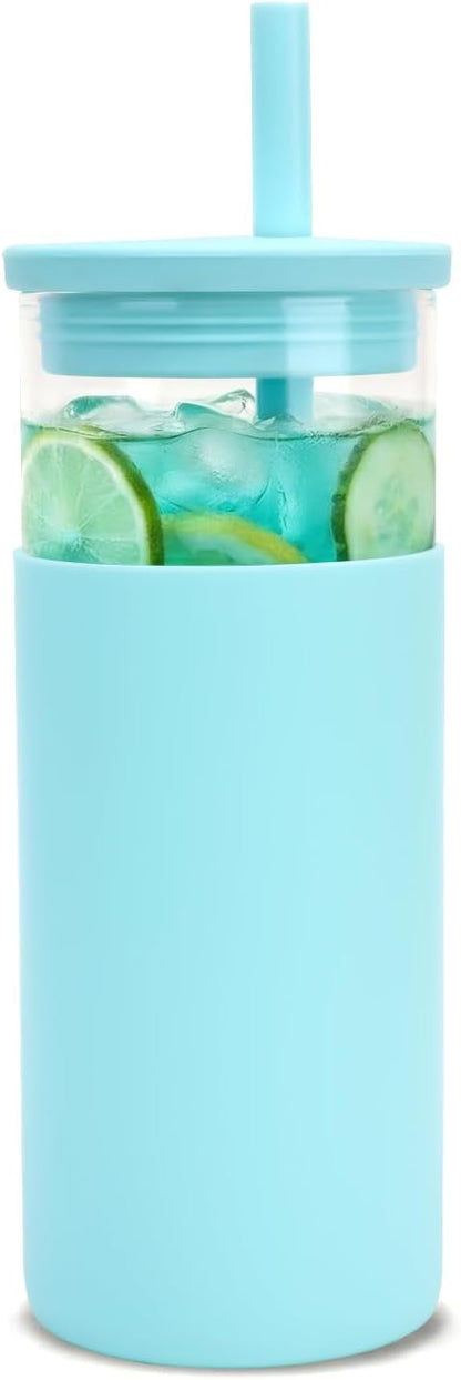 Tronco 20 oz Glass Tumbler with Lids and Straws, Reusable Iced Coffee Cups with Silicone Lid & Protective Sleeve, Dishwasher Safe, BPA-Free Borosilicate Glass for Coffee, Iced Tea, Water & Smoothies
