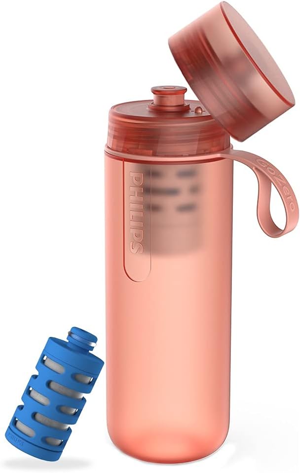Philips Water GoZero Active BPA-Free Water Bottle with Fitness Tap Water Filter, Sport Squeeze Water Bottle, Lightweight, 24 oz with Fitness Filter, Plum