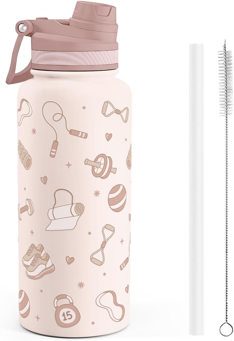 SANDJEST Pickleball Stainless Steel Water Bottle with Strap 32oz, Insulated Bottles with Straw and Spout Lid for Gym Sports Travel Outdoor, Gifts for Women Girls Birthday Christmas
