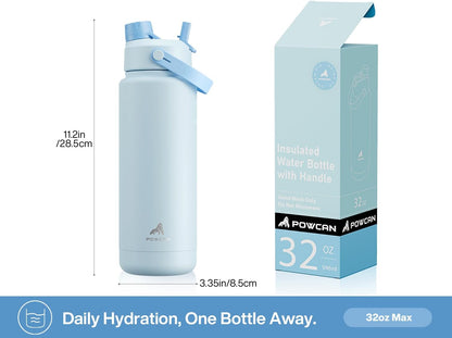 POWCAN 26 oz Insulated Water Bottle with 2-in-1 Straw and Spout Lid, Keep Cold 24H, Leak-Proof, Fits in Car Cup Holder, Stainless Steel Water Bottle for Sports, Travel, and School (Mint)