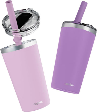 CUPKIN Stainless Steel Insulated Tumbler with Lid and Straw, 20 oz Stainless Steel Cups, Set of 2 Travel Coffee Mug for Adults, Iced Coffee Cup with Lid, Tumbler for Travel (Coral + Yellow)