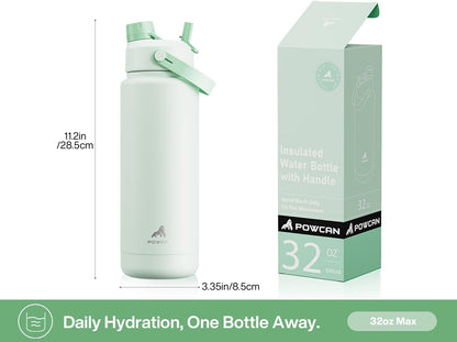 POWCAN 26 oz Insulated Water Bottle with 2-in-1 Straw and Spout Lid, Keep Cold 24H, Leak-Proof, Fits in Car Cup Holder, Stainless Steel Water Bottle for Sports, Travel, and School (Mint)