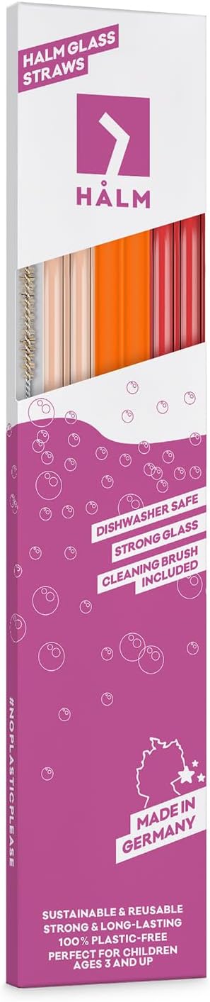 Halm Glass Straws - 6 Long 12 inch Bent Stanley Cup Replacement Drinking Straws + Plastic-Free Cleaning Brush - Perfect for Bottles & Quencher - Made in Germany - Dishwasher Safe - Eco-Friendly