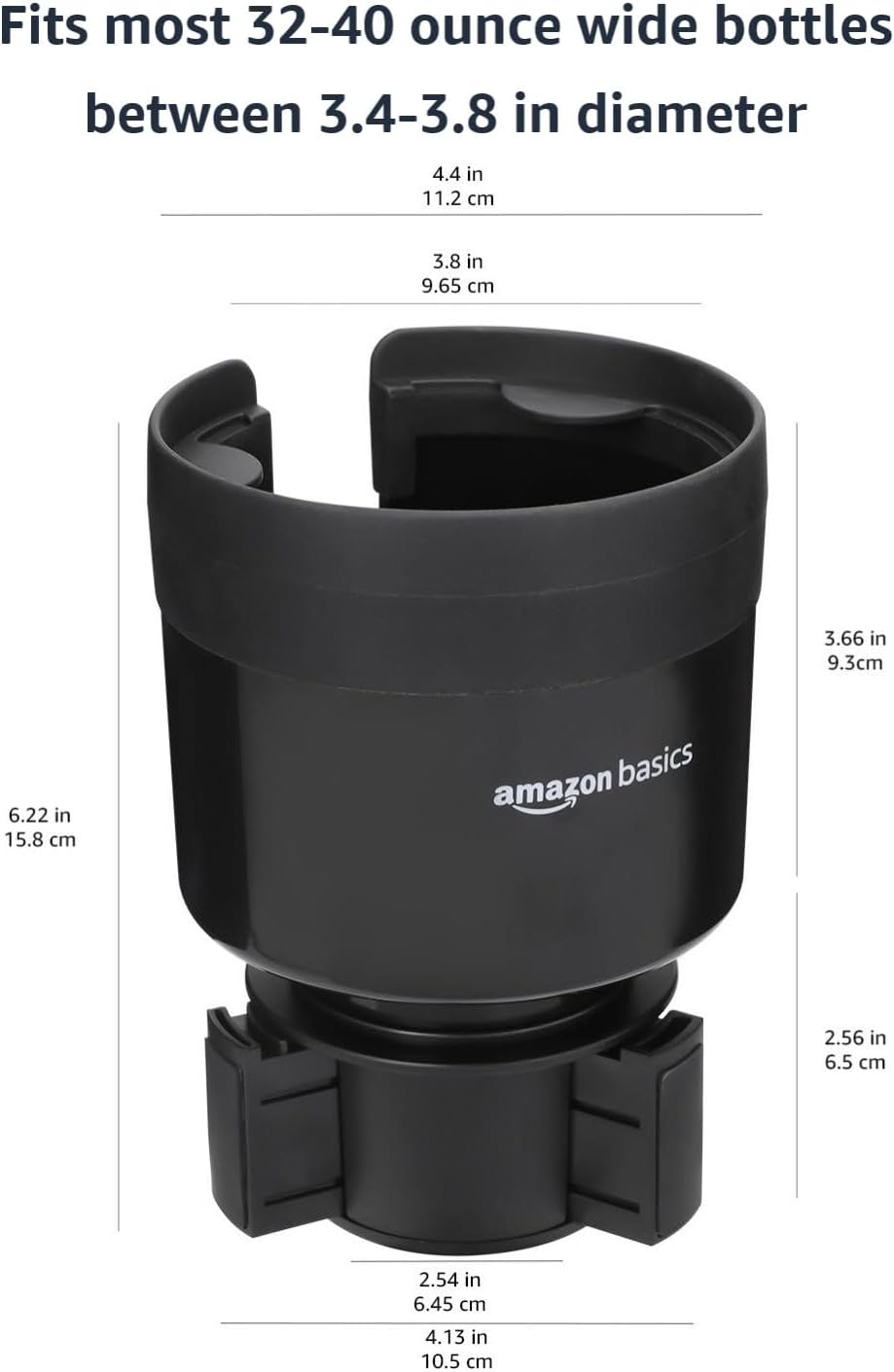 Amazon Basics Car Cup Holder Expander with Adjustable Base, Securely Holds Large Bottles 3.4 to 3.8 in Diameter, Compatible with Yeti, Hydro Flask, Easy Installation, Black