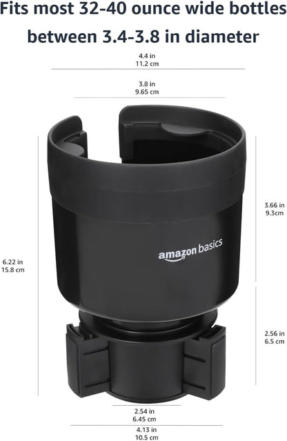 Amazon Basics Car Cup Holder Expander with Adjustable Base, Securely Holds Large Bottles 3.4 to 3.8 in Diameter, Compatible with Yeti, Hydro Flask, Easy Installation, Black