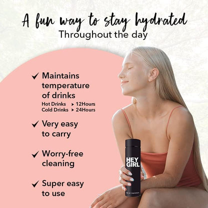 Hey Girl Tea Infuser Bottle 450ml - Insulated Stainless Steel Water Bottle - Tea Tumbler with Tea Diffuser - Portable Travel Mug for Loose Leaf Tea & Infused Water - Tea Lovers Gifts for Women (Pink)