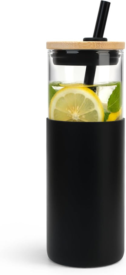 Tronco 24 oz Glass Tumbler with Lids and Straw, Reusable Iced Coffee Cup & Smoothie Cup with Bamboo Lid, Silicone Sleeve, Dishwasher Safe, BPA-Free Borosilicate Glass, 1 Pack
