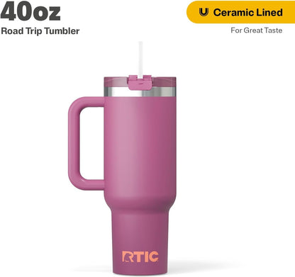 RTIC 30 oz Road Trip Tumbler Double-Walled Ceramic Lined InsulatedStainless Steel Portable Travel Coffee Mug Cup with Lid, Handle and Straw, Periwinkle Bouquet