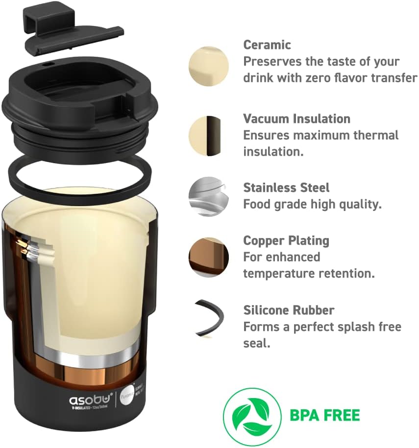 asobu Ultimate Ceramic Travel Mug, 12oz Insulated Stainless Steel Coffee Cup with Handle & Splash-Resistant Lid, Ceramic Lined for Pure Taste, BPA-Free, Double-Wall Vacuum for Hot Drinks