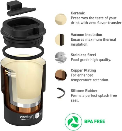 asobu Ultimate Ceramic Travel Mug, 12oz Insulated Stainless Steel Coffee Cup with Handle & Splash-Resistant Lid, Ceramic Lined for Pure Taste, BPA-Free, Double-Wall Vacuum for Hot Drinks