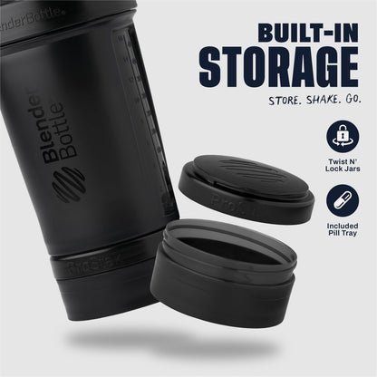 BlenderBottle Shaker Bottle with Pill Organizer and Storage for Protein Powder, Classic V2 ProStak System, 22-Ounce, Midnight Black