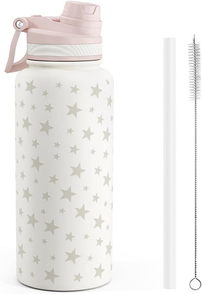 SANDJEST Pickleball Stainless Steel Water Bottle with Strap 32oz, Insulated Bottles with Straw and Spout Lid for Gym Sports Travel Outdoor, Gifts for Women Girls Birthday Christmas