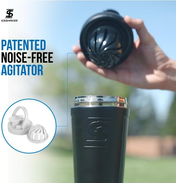 Ice Shaker Insulated Stainless Steel Shaker Bottle | 26oz, Black | Cold for 30+ Hours | Insulated Cup with Twist-on Agitator | Odor-Free Bottle for Protein Shakes, Water, Smoothies, Cocktails