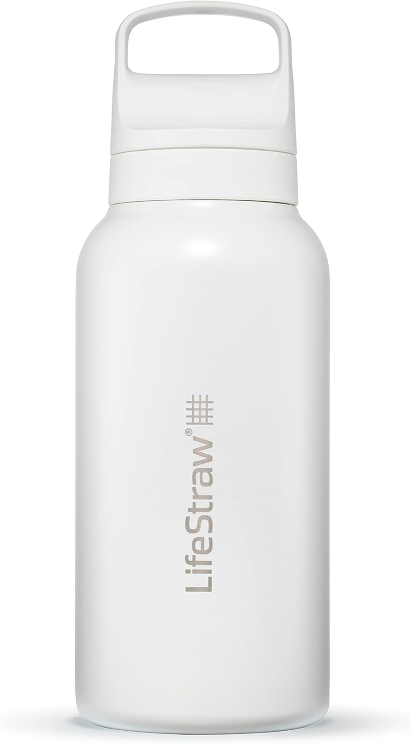 LifeStraw Go Series — Insulated Stainless Steel Water Filter Bottle for Travel and Everyday Use Removes Bacteria, Parasites and Microplastics, Improves Taste, 1L Aegan Sea