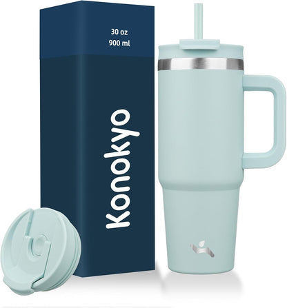 Konokyo 30 oz Tumbler with Handle and 2 Straws,2 in 1 Lid Insulated Water Bottle Stainless Steel Travel Coffee Mug,Sky