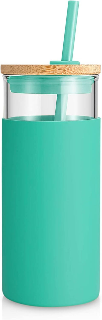 Tronco 20 oz Glass Tumbler with Lid and Straw, Iced Coffee Cup and Smoothie Cup with Bamboo Lids & Protective Silicone Sleeve, Dishwasher Safe, BPA-Free, Glass Cup 1 Pack - Colors A