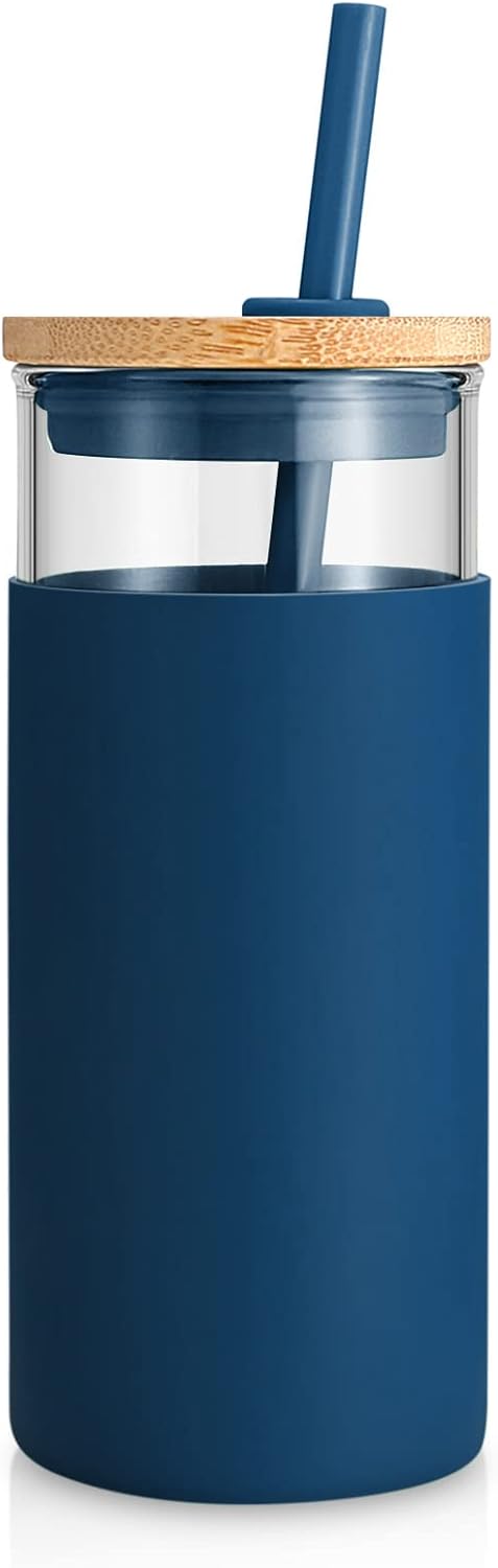 Tronco 20 oz Glass Tumbler with Lid and Straw, Iced Coffee Cup and Smoothie Cup with Bamboo Lids & Protective Silicone Sleeve, Dishwasher Safe, BPA-Free, Glass Cup 1 Pack - Colors A