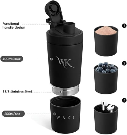 WAZI Klean Stainless Steel Insulated Shaker Bottle 20oz / 600ml with Storage Compartment, Leakproof Silent Mixing Lid, BPA Free for Protein Shakes, Pre Workout, Smoothies & Gym