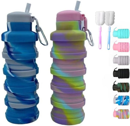 Collapsible water bottles 2 Pack with brush,BPA Free Travel Silicone Water Bottle with Carabiner,Reusable Foldable Portable Lightweight Sports bottles for Gym Camping Hiking (Black+Aqua blue)