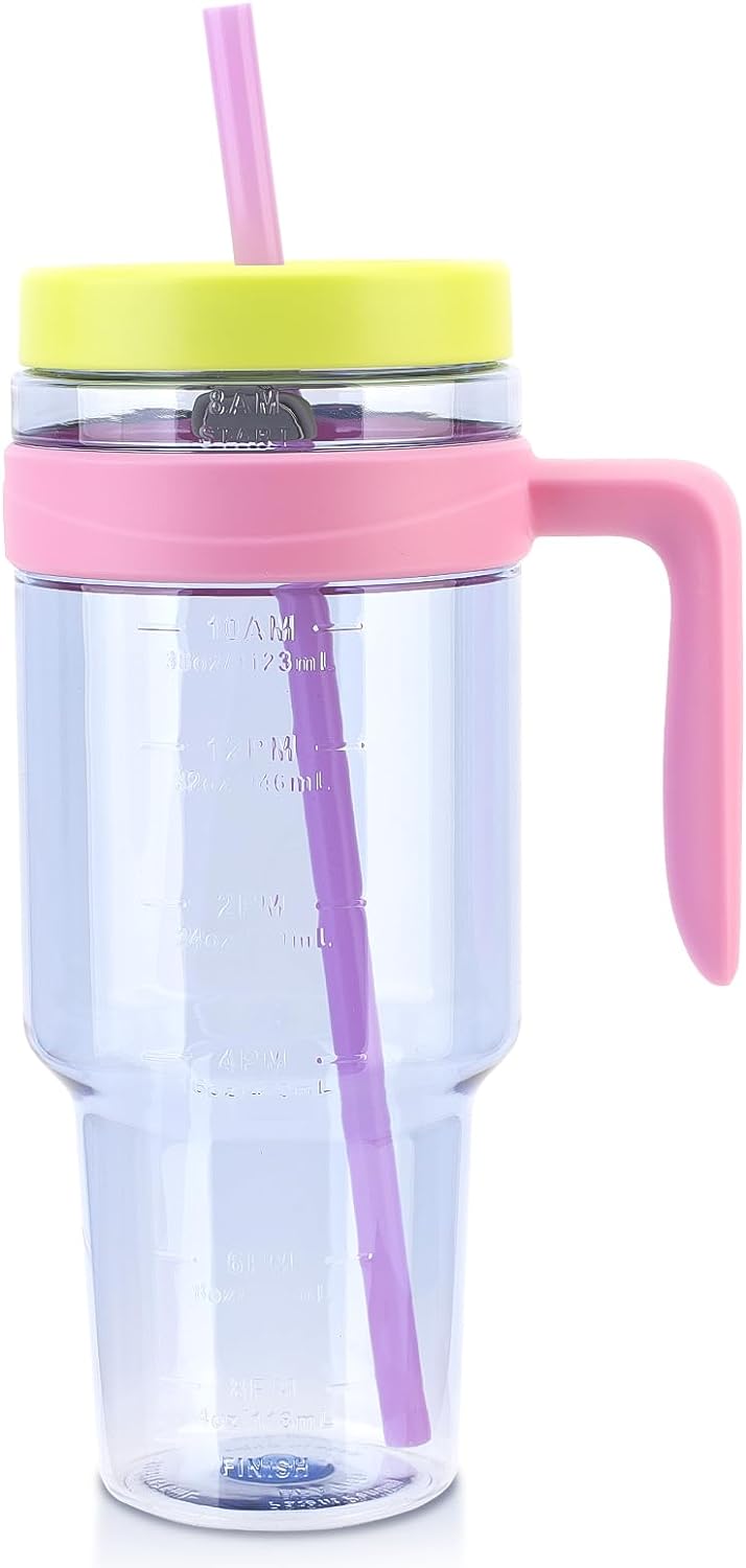 50 oz Tritan Plastic Tumbler with Lid and Straw | Leak-Proof BPA-Free Clear Tumbler with Time Marker | Reusable Travel Mug for Camping, Sports, Office, Road Trips, Parties | Wide Mouth