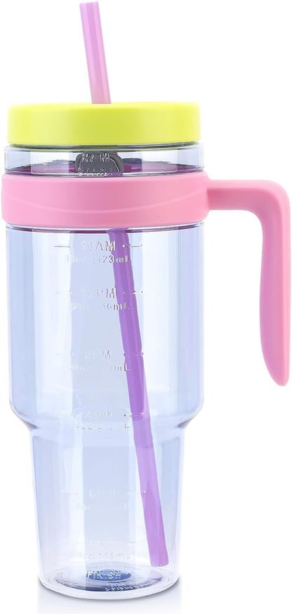 50 oz Tritan Plastic Tumbler with Lid and Straw | Leak-Proof BPA-Free Clear Tumbler with Time Marker | Reusable Travel Mug for Camping, Sports, Office, Road Trips, Parties | Wide Mouth