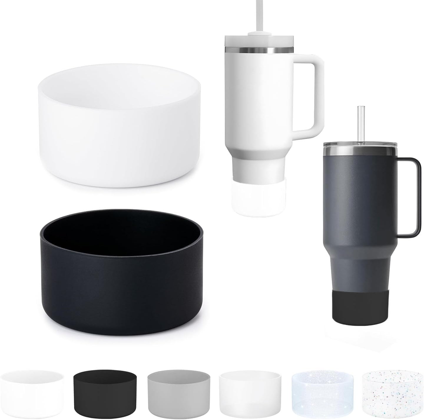 2Pcs Silicone Bumper Boot for Stanley Quencher Adventure 40oz Tumbler With Handle & Stanley IceFlow 20oz 30oz,Anti-Slip Bottom Sleeve(Black+White)