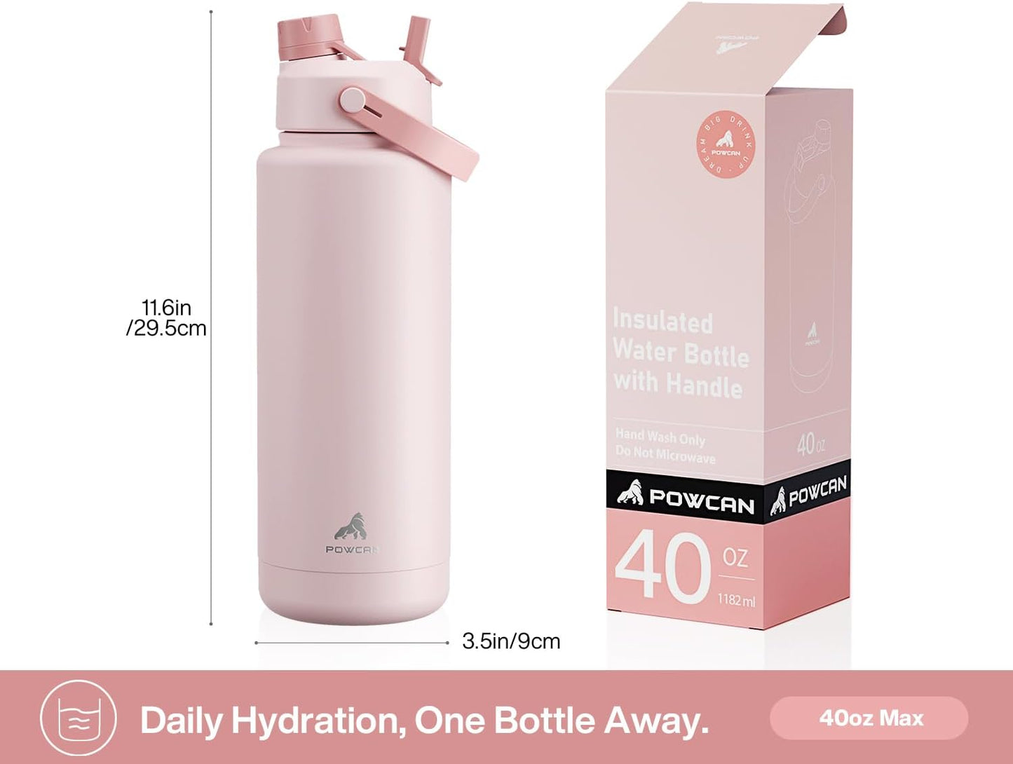 POWCAN 26 oz Insulated Water Bottle with 2-in-1 Straw and Spout Lid, Keep Cold 24H, Leak-Proof, Fits in Car Cup Holder, Stainless Steel Water Bottle for Sports, Travel, and School (Mint)