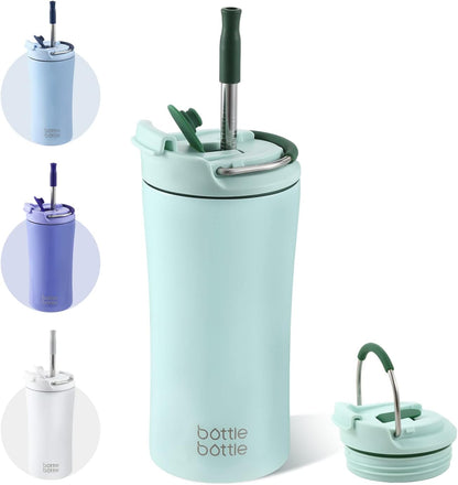 BOTTLE BOTTLE Coffee Tumbler with Dual-use Lid and Straw Double Walled Iced Travel Coffee Mug for Woman and Man 12 oz Stainless Steel Insulated Tumbler with Handle (blue)