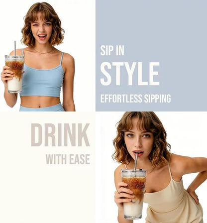 SoulTimes 20oz Ribbed & Floral Glass Tumbler Set of 2 – Reusable Glass Cups with Lid and Glass Straw, Iced Coffee Cups for Water, Smoothie, Milk, Cocktail & More – Perfect for Daily Use & Travel