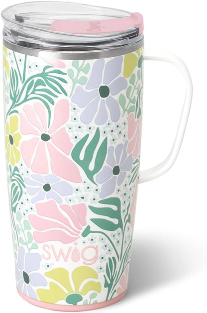 Swig Life 18oz Travel Mug, Insulated Tumbler with Handle and Lid, Cup Holder Friendly, Dishwasher Safe, Stainless Steel, Travel Coffee Cup (Honey Meadow)