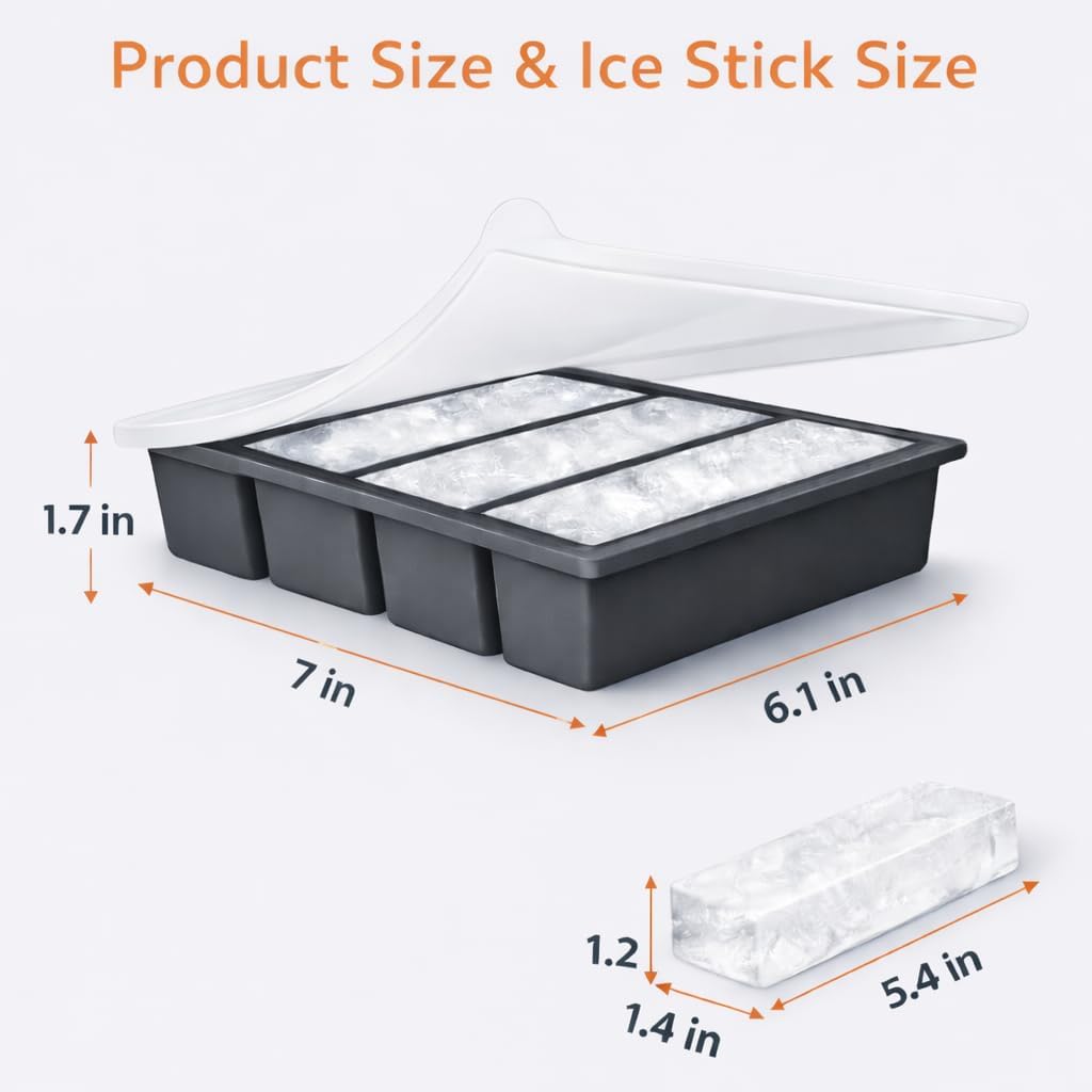 Large Silicone Ice Cube Trays for Tall Bottles, Long Ice Stick Mold with Lid, Slow Melting, Stackable & Odor Resistant Freezer Tray, Reusable for Drinks or Butter, 3 Pack