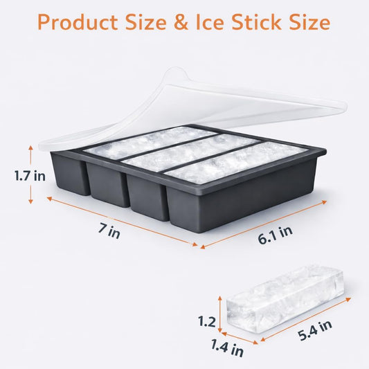 Large Silicone Ice Cube Trays for Tall Bottles, Long Ice Stick Mold with Lid, Slow Melting, Stackable & Odor Resistant Freezer Tray, Reusable for Drinks or Butter, 3 Pack