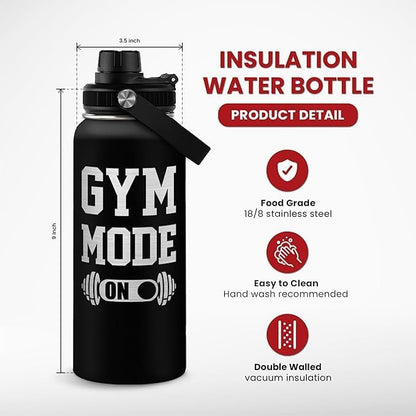 SANDJEST Gym Insulated Engraved Stainless Steel Water Bottle 32oz, Vacuum Chug Lid Travel Tumbler For Men Friends Dad Gymer Trainer, Gym Mode on, Birthday Christmas Father's Day